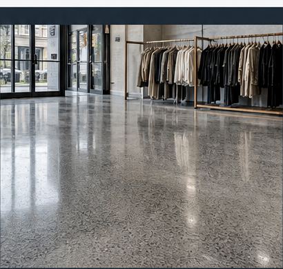 Uniform polished concrete floor across a Pearl District retail storefront after an overnight re-polish.